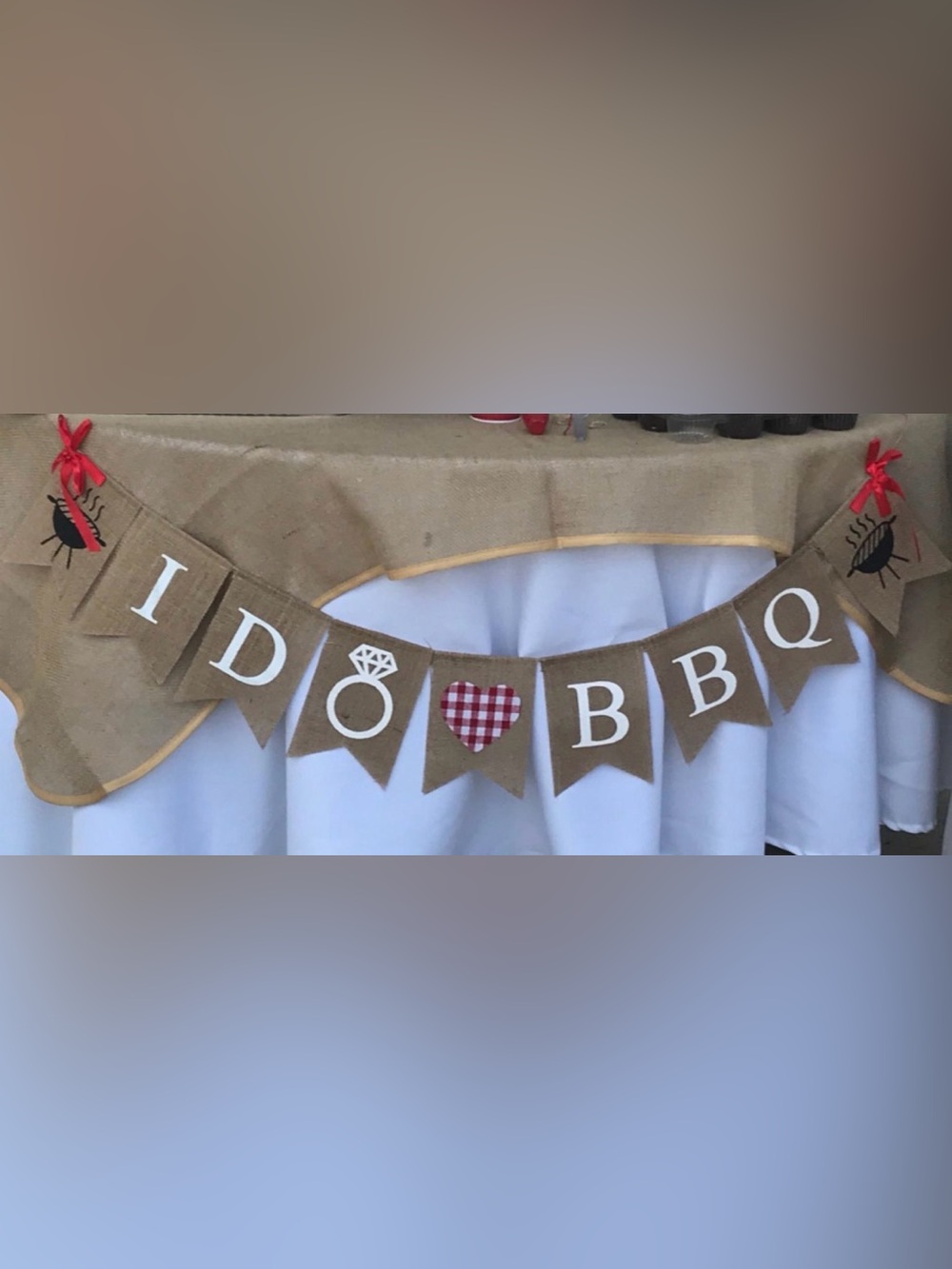 I DO BBQ Burlap Banner with Red Gingham Accents and 4 red gingham table runners - Picture 7 of 7
